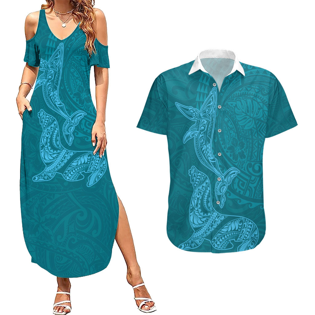 Hawaiian Monk Seal and Whale Couples Matching Summer Maxi Dress and Hawaiian Shirt Kakau Tribal Pattern Teal Color LT03 Teal - Polynesian Pride