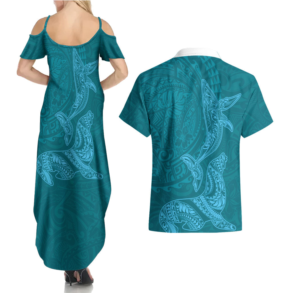 Hawaiian Monk Seal and Whale Couples Matching Summer Maxi Dress and Hawaiian Shirt Kakau Tribal Pattern Teal Color LT03 - Polynesian Pride