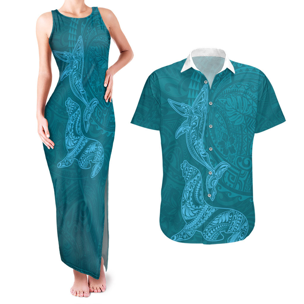 Hawaiian Monk Seal and Whale Couples Matching Tank Maxi Dress and Hawaiian Shirt Kakau Tribal Pattern Teal Color LT03 Teal - Polynesian Pride