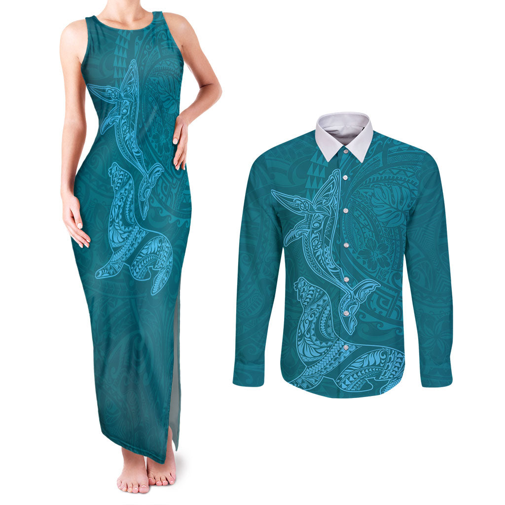 Hawaiian Monk Seal and Whale Couples Matching Tank Maxi Dress and Long Sleeve Button Shirt Kakau Tribal Pattern Teal Color LT03 Teal - Polynesian Pride