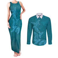 Hawaiian Monk Seal and Whale Couples Matching Tank Maxi Dress and Long Sleeve Button Shirt Kakau Tribal Pattern Teal Color LT03 Teal - Polynesian Pride