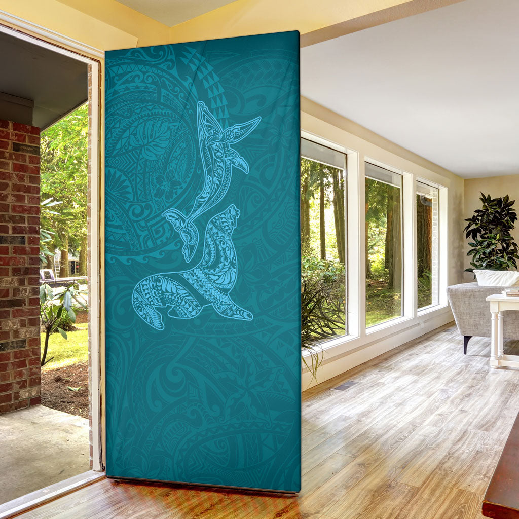 Hawaiian Monk Seal and Whale Door Cover Kakau Tribal Pattern Teal Color