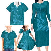 Hawaiian Monk Seal and Whale Family Matching Long Sleeve Bodycon Dress and Hawaiian Shirt Kakau Tribal Pattern Teal Color LT03 - Polynesian Pride