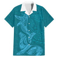 Hawaiian Monk Seal and Whale Family Matching Long Sleeve Bodycon Dress and Hawaiian Shirt Kakau Tribal Pattern Teal Color LT03 Dad's Shirt - Short Sleeve Teal - Polynesian Pride