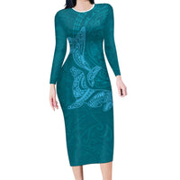 Hawaiian Monk Seal and Whale Family Matching Long Sleeve Bodycon Dress and Hawaiian Shirt Kakau Tribal Pattern Teal Color LT03 Mom's Dress Teal - Polynesian Pride