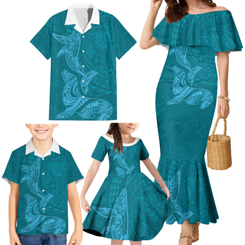 Hawaiian Monk Seal and Whale Family Matching Mermaid Dress and Hawaiian Shirt Kakau Tribal Pattern Teal Color LT03 - Polynesian Pride