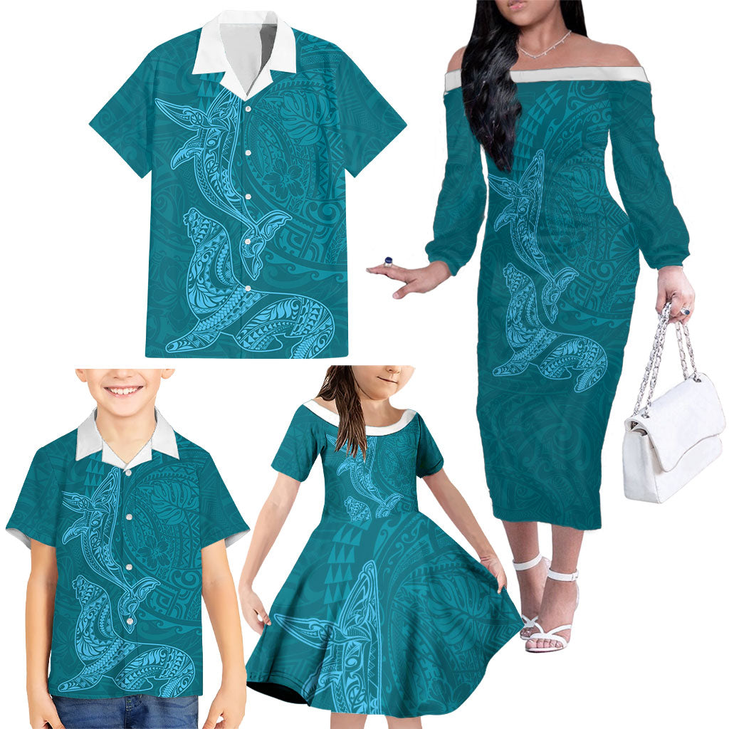 Hawaiian Monk Seal and Whale Family Matching Off The Shoulder Long Sleeve Dress and Hawaiian Shirt Kakau Tribal Pattern Teal Color