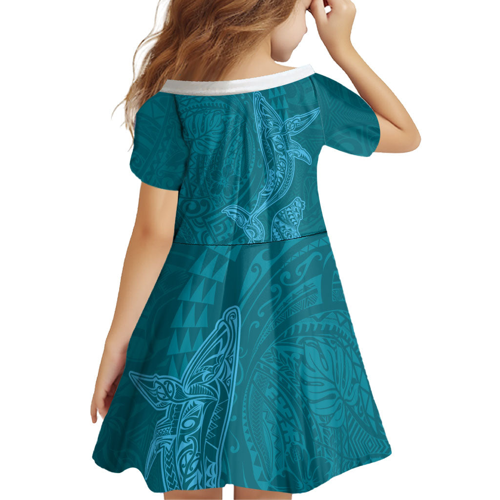 Hawaiian Monk Seal and Whale Family Matching Off Shoulder Maxi Dress and Hawaiian Shirt Kakau Tribal Pattern Teal Color LT03 - Polynesian Pride