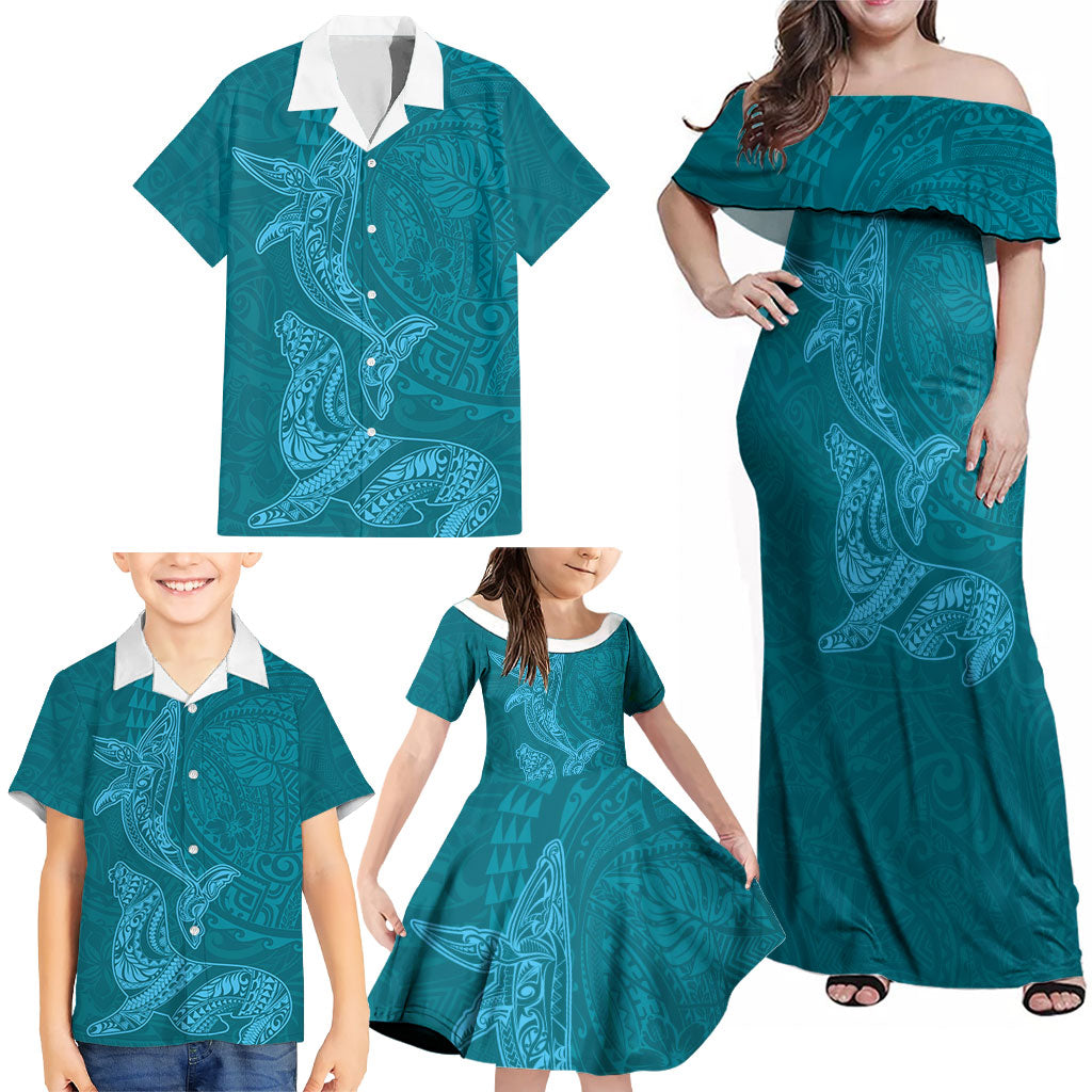 Hawaiian Monk Seal and Whale Family Matching Off Shoulder Maxi Dress and Hawaiian Shirt Kakau Tribal Pattern Teal Color