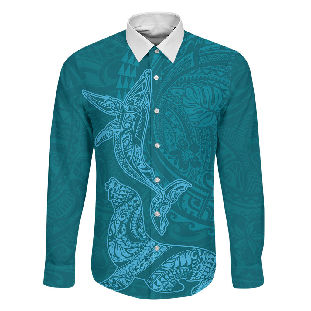 Hawaiian Monk Seal and Whale Family Matching Off Shoulder Maxi Dress and Hawaiian Shirt Kakau Tribal Pattern Teal Color LT03 Dad's Shirt - Long Sleeve Teal - Polynesian Pride