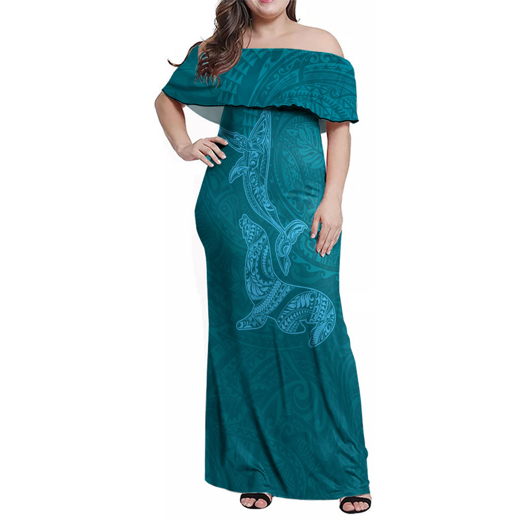 Hawaiian Monk Seal and Whale Family Matching Off Shoulder Maxi Dress and Hawaiian Shirt Kakau Tribal Pattern Teal Color LT03 Mom's Dress Teal - Polynesian Pride
