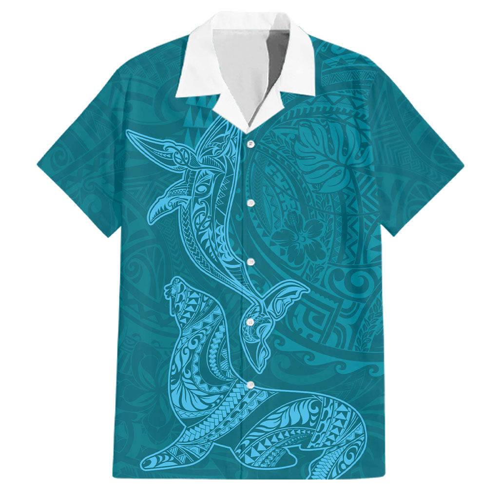Hawaiian Monk Seal and Whale Family Matching Off Shoulder Short Dress and Hawaiian Shirt Kakau Tribal Pattern Teal Color LT03 Dad's Shirt - Short Sleeve Teal - Polynesian Pride