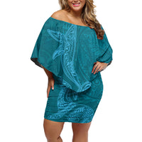 Hawaiian Monk Seal and Whale Family Matching Off Shoulder Short Dress and Hawaiian Shirt Kakau Tribal Pattern Teal Color LT03 Mom's Dress Teal - Polynesian Pride