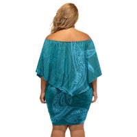 Hawaiian Monk Seal and Whale Family Matching Off Shoulder Short Dress and Hawaiian Shirt Kakau Tribal Pattern Teal Color LT03 - Polynesian Pride