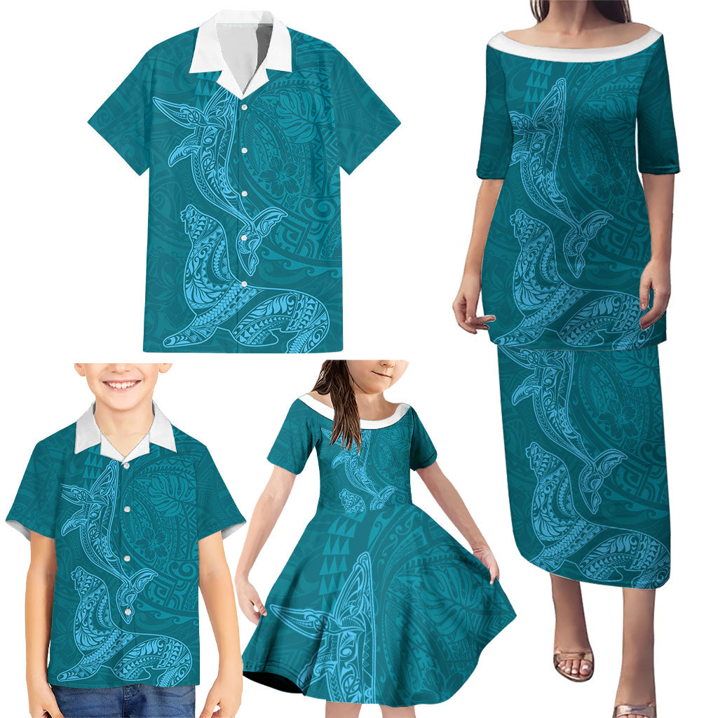 Hawaiian Monk Seal and Whale Family Matching Puletasi and Hawaiian Shirt Kakau Tribal Pattern Teal Color LT03 - Polynesian Pride