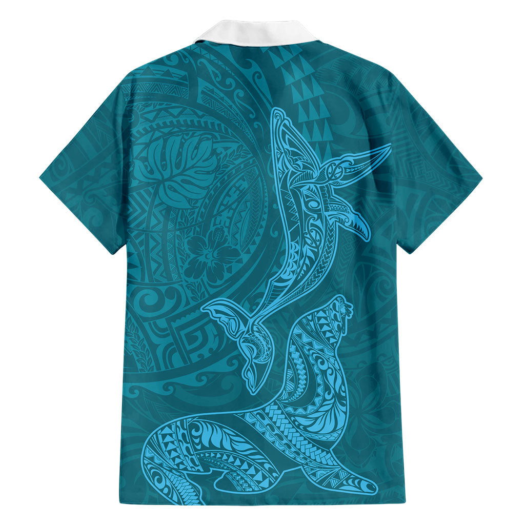 Hawaiian Monk Seal and Whale Family Matching Puletasi and Hawaiian Shirt Kakau Tribal Pattern Teal Color LT03 - Polynesian Pride