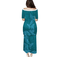 Hawaiian Monk Seal and Whale Family Matching Puletasi and Hawaiian Shirt Kakau Tribal Pattern Teal Color LT03 - Polynesian Pride