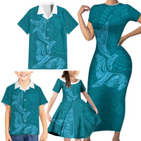 Hawaiian Monk Seal and Whale Family Matching Short Sleeve Bodycon Dress and Hawaiian Shirt Kakau Tribal Pattern Teal Color LT03 - Polynesian Pride