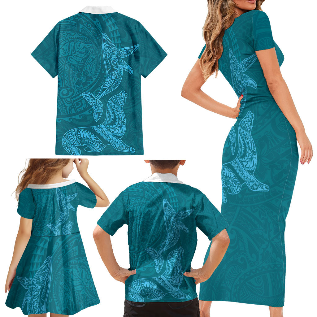 Hawaiian Monk Seal and Whale Family Matching Short Sleeve Bodycon Dress and Hawaiian Shirt Kakau Tribal Pattern Teal Color LT03 - Polynesian Pride
