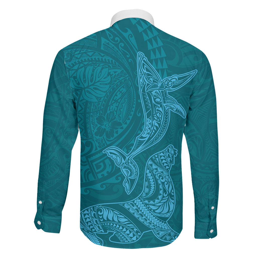 Hawaiian Monk Seal and Whale Family Matching Short Sleeve Bodycon Dress and Hawaiian Shirt Kakau Tribal Pattern Teal Color LT03 - Polynesian Pride