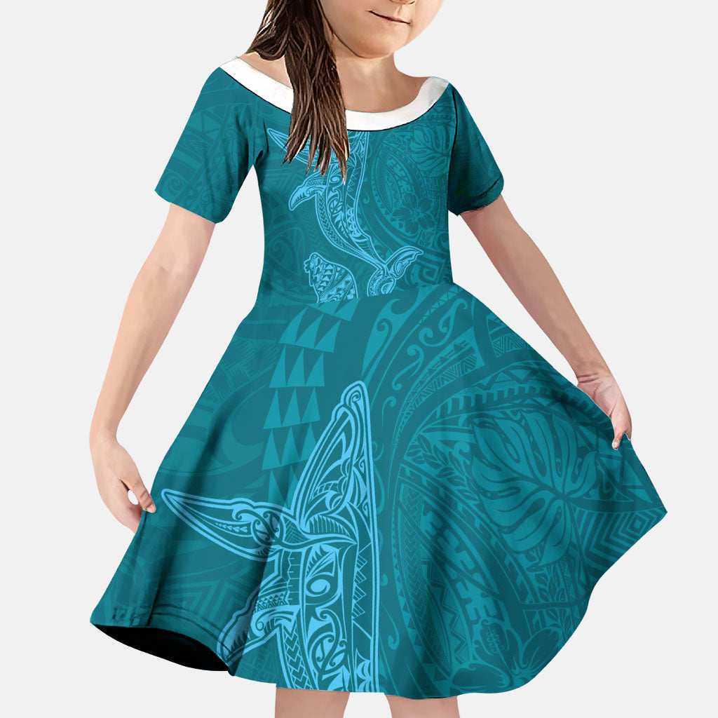 Hawaiian Monk Seal and Whale Family Matching Summer Maxi Dress and Hawaiian Shirt Kakau Tribal Pattern Teal Color LT03 Daughter's Dress Teal - Polynesian Pride