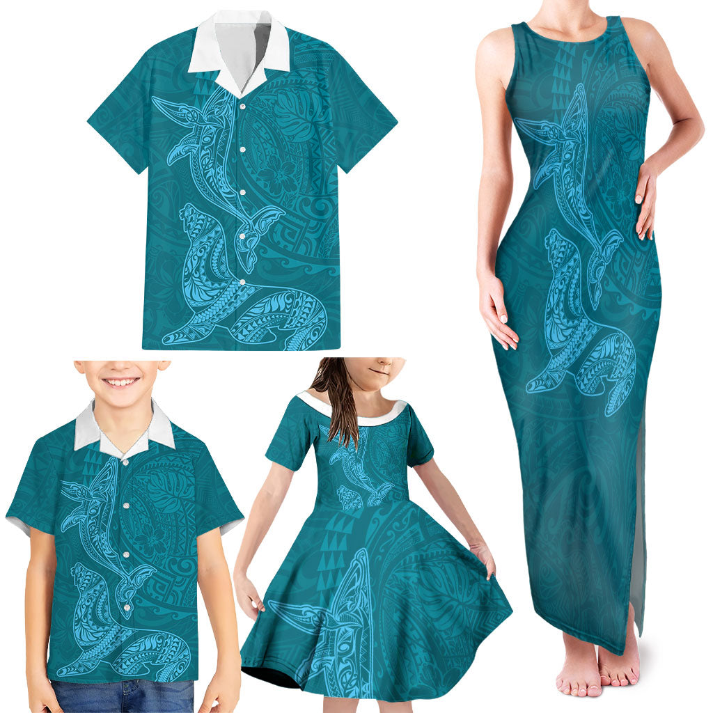 Hawaiian Monk Seal and Whale Family Matching Tank Maxi Dress and Hawaiian Shirt Kakau Tribal Pattern Teal Color