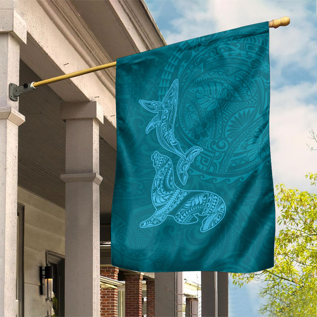 Hawaiian Monk Seal and Whale Garden Flag Kakau Tribal Pattern Teal Color LT03 House Flag Teal - Polynesian Pride