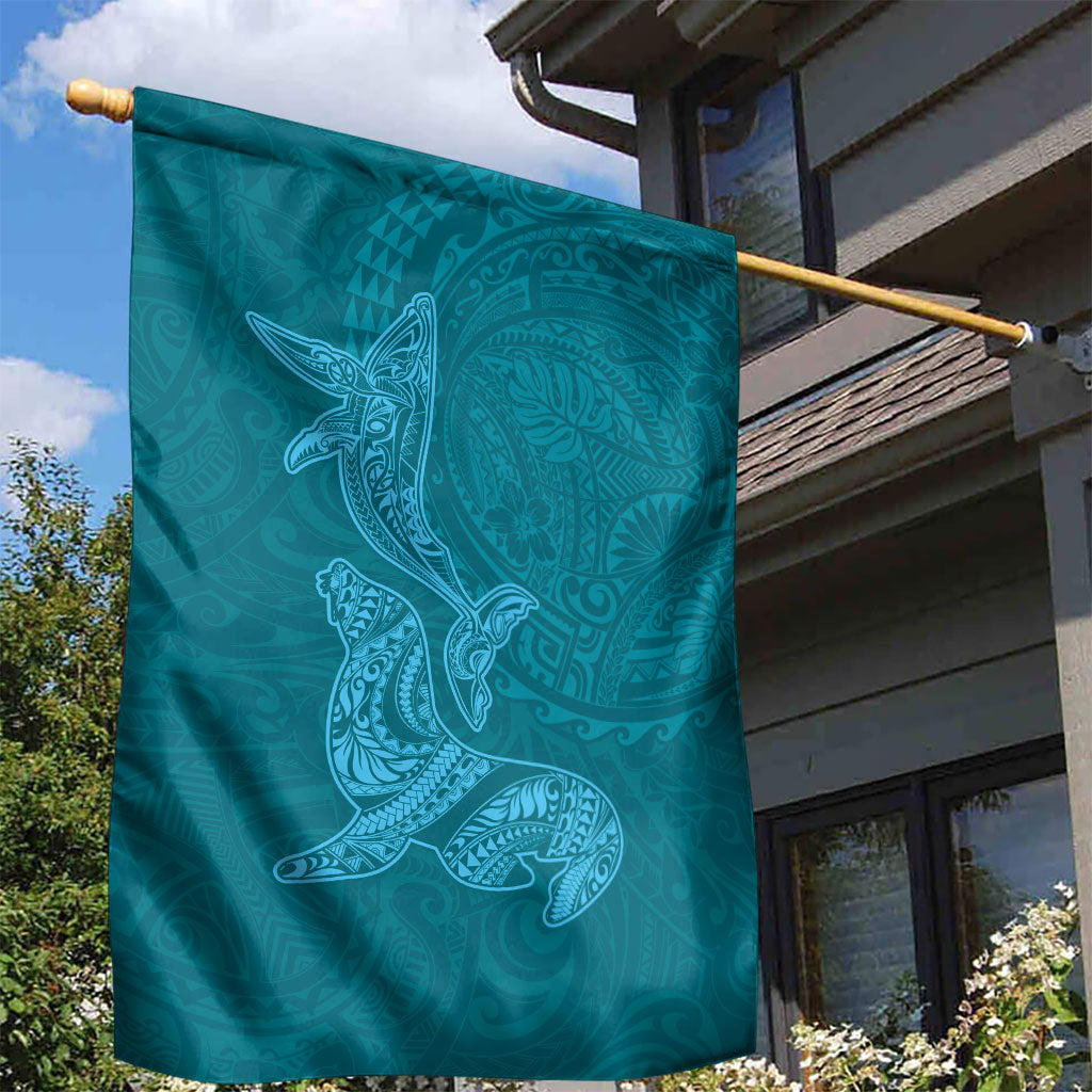 Hawaiian Monk Seal and Whale Garden Flag Kakau Tribal Pattern Teal Color LT03 - Polynesian Pride