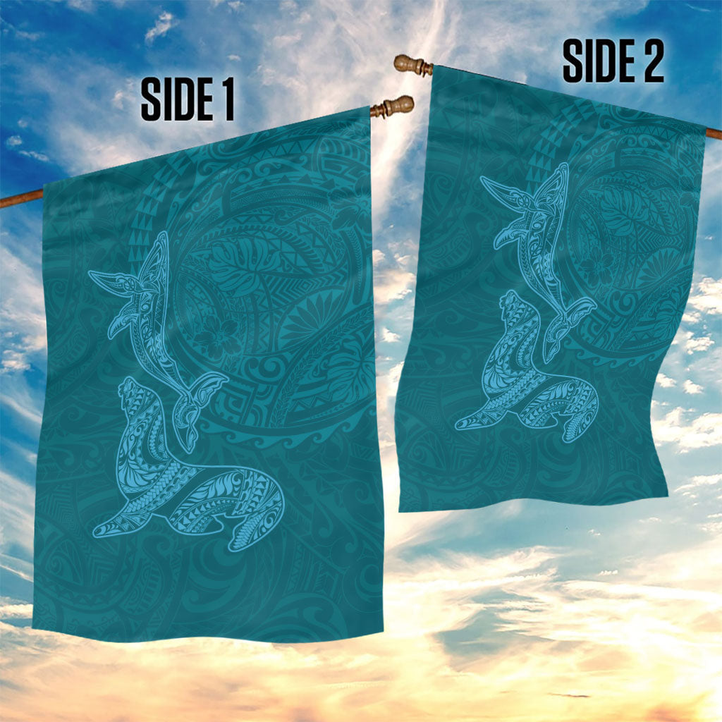 Hawaiian Monk Seal and Whale Garden Flag Kakau Tribal Pattern Teal Color LT03 - Polynesian Pride