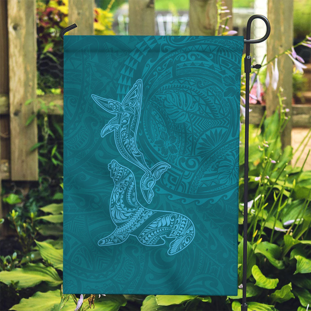 Hawaiian Monk Seal and Whale Garden Flag Kakau Tribal Pattern Teal Color LT03 Garden Flag Teal - Polynesian Pride