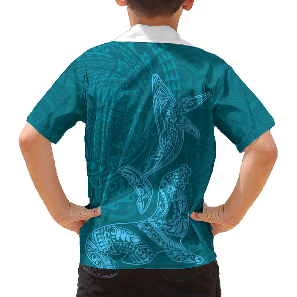 Hawaiian Monk Seal and Whale Hawaiian Shirt Kakau Tribal Pattern Teal Color