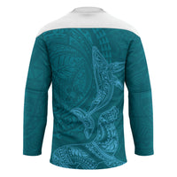 Hawaiian Monk Seal and Whale Hockey Jersey Kakau Tribal Pattern Teal Color