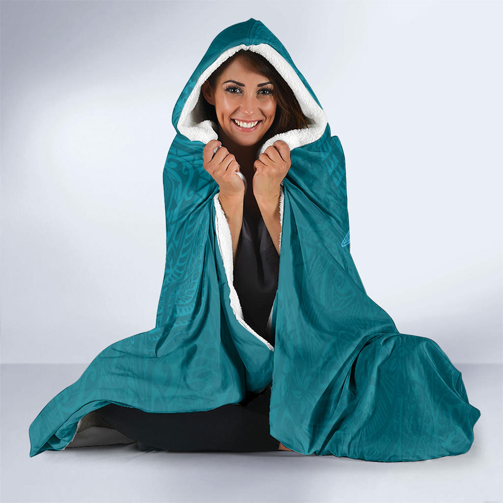 Hawaiian Monk Seal and Whale Hooded Blanket Kakau Tribal Pattern Teal Color