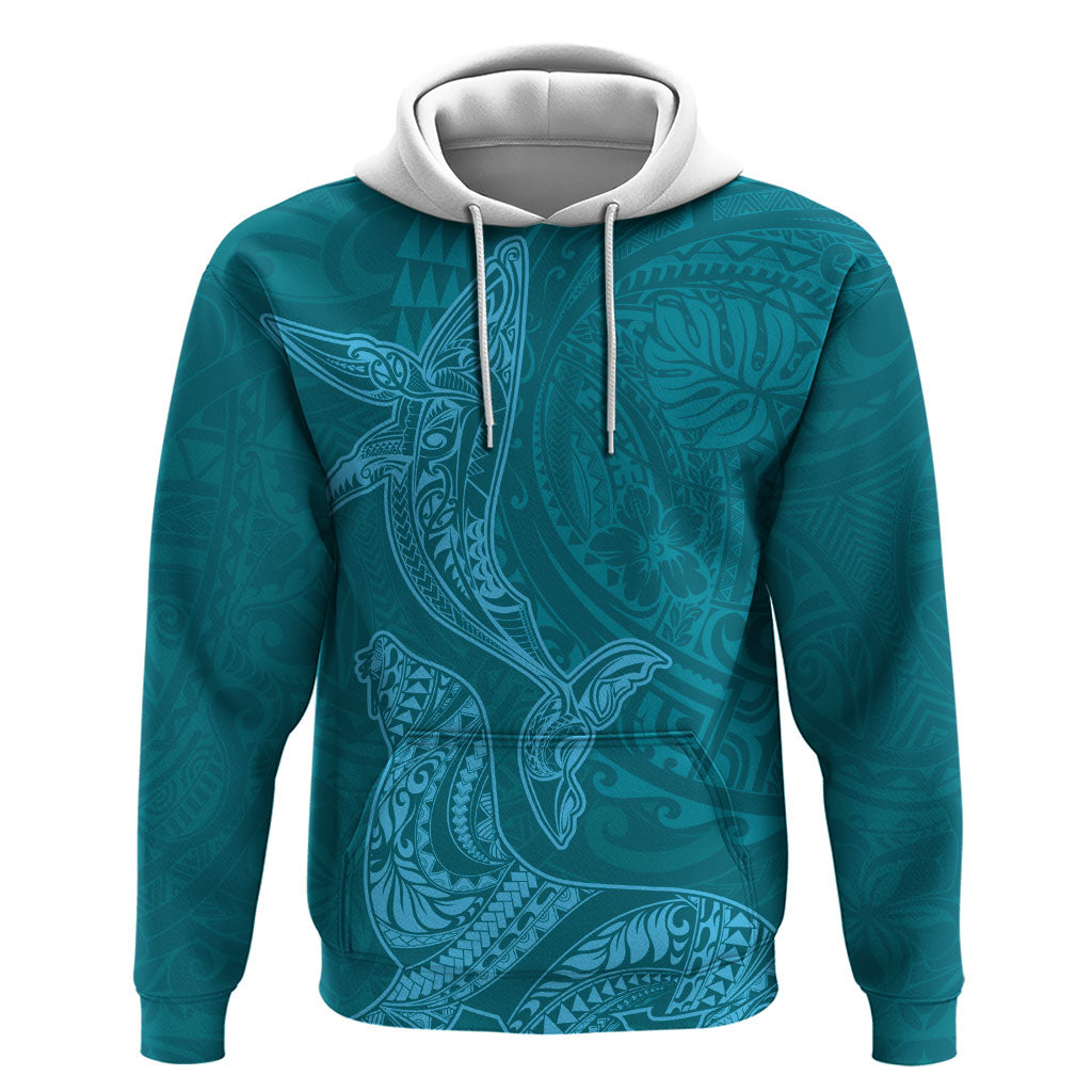 Hawaiian Monk Seal and Whale Hoodie Kakau Tribal Pattern Teal Color