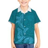 Hawaiian Monk Seal and Whale Kid Hawaiian Shirt Kakau Tribal Pattern Teal Color