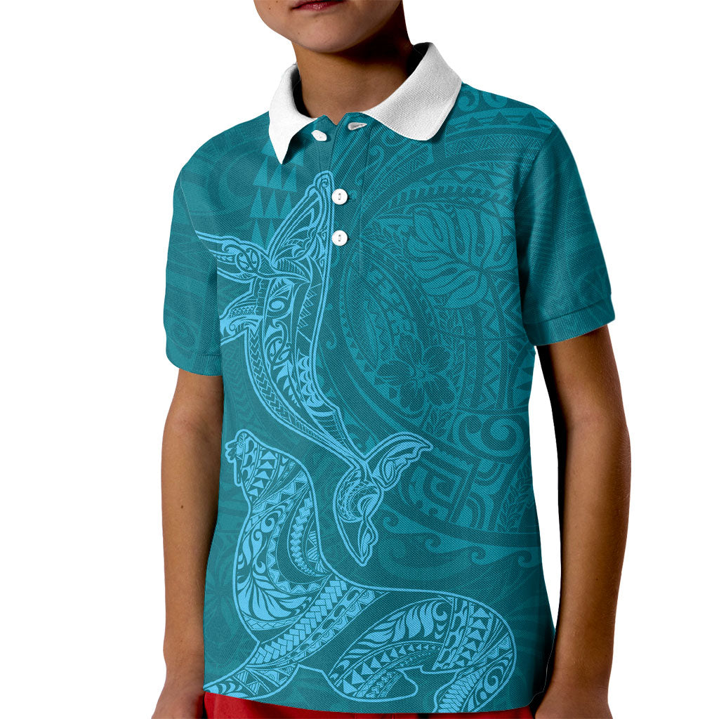 Hawaiian Monk Seal and Whale Kid Polo Shirt Kakau Tribal Pattern Teal Color