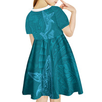 Hawaiian Monk Seal and Whale Kid Short Sleeve Dress Kakau Tribal Pattern Teal Color