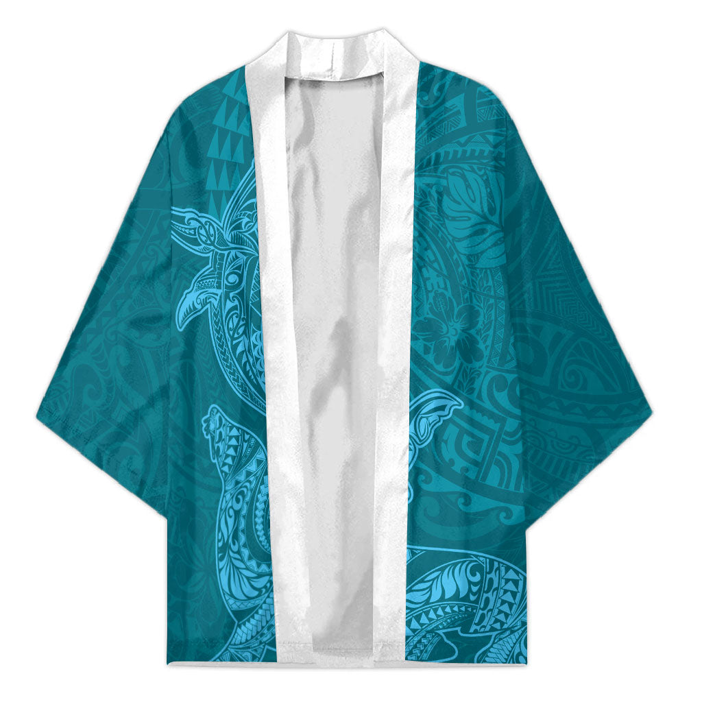 Hawaiian Monk Seal and Whale Kimono Kakau Tribal Pattern Teal Color