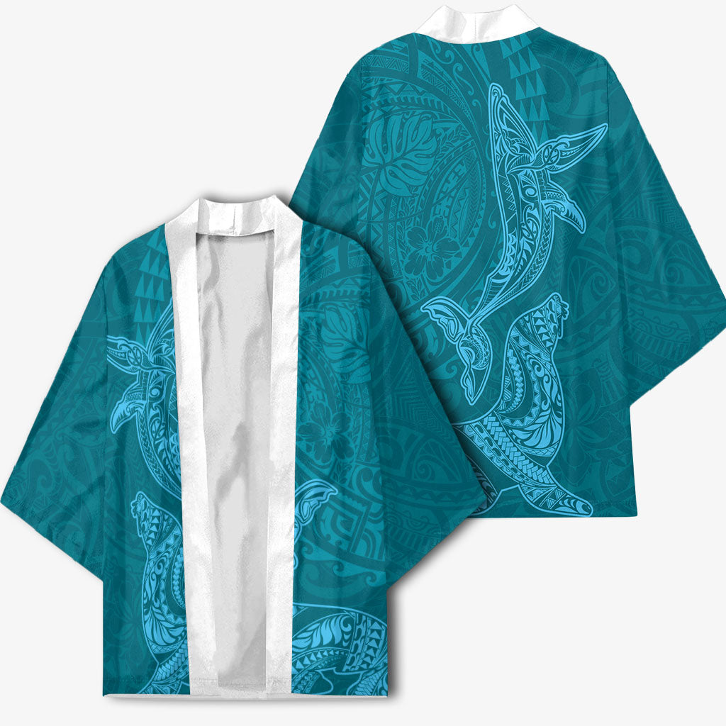 Hawaiian Monk Seal and Whale Kimono Kakau Tribal Pattern Teal Color