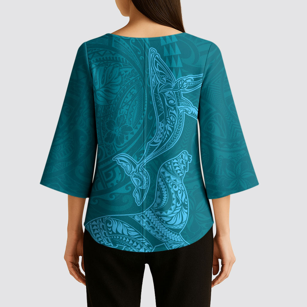 Hawaiian Monk Seal and Whale Kimono Sleeve Blouse Kakau Tribal Pattern Teal Color