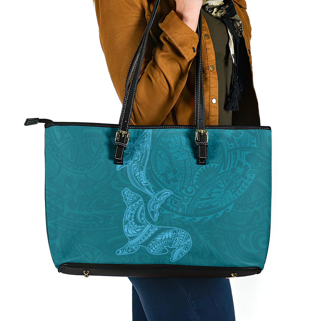Hawaiian Monk Seal and Whale Leather Tote Bag Kakau Tribal Pattern Teal Color