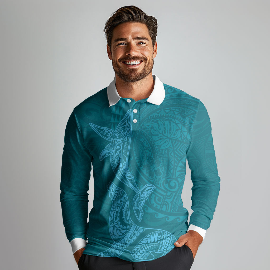 Hawaiian Monk Seal and Whale Long Sleeve Polo Shirt Kakau Tribal Pattern Teal Color