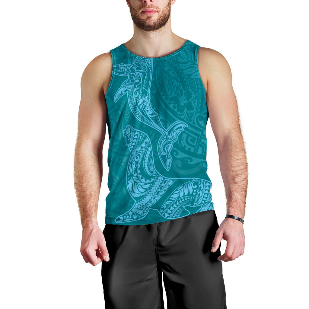 Hawaiian Monk Seal and Whale Men Tank Top Kakau Tribal Pattern Teal Color
