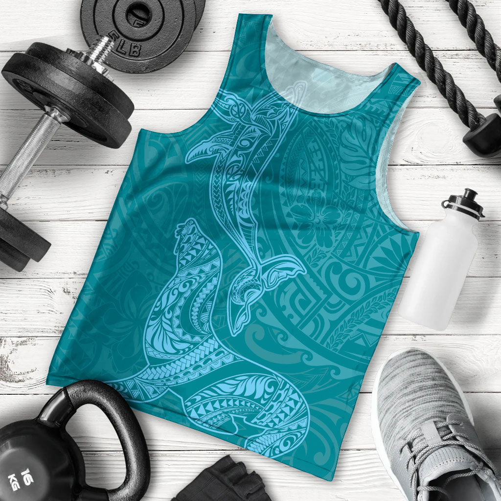Hawaiian Monk Seal and Whale Men Tank Top Kakau Tribal Pattern Teal Color