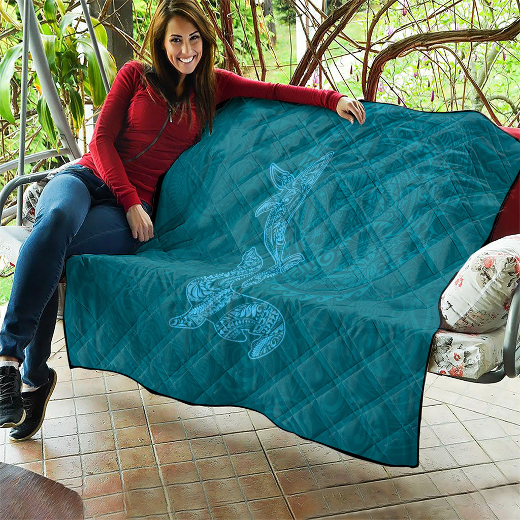 Hawaiian Monk Seal and Whale Quilt Kakau Tribal Pattern Teal Color