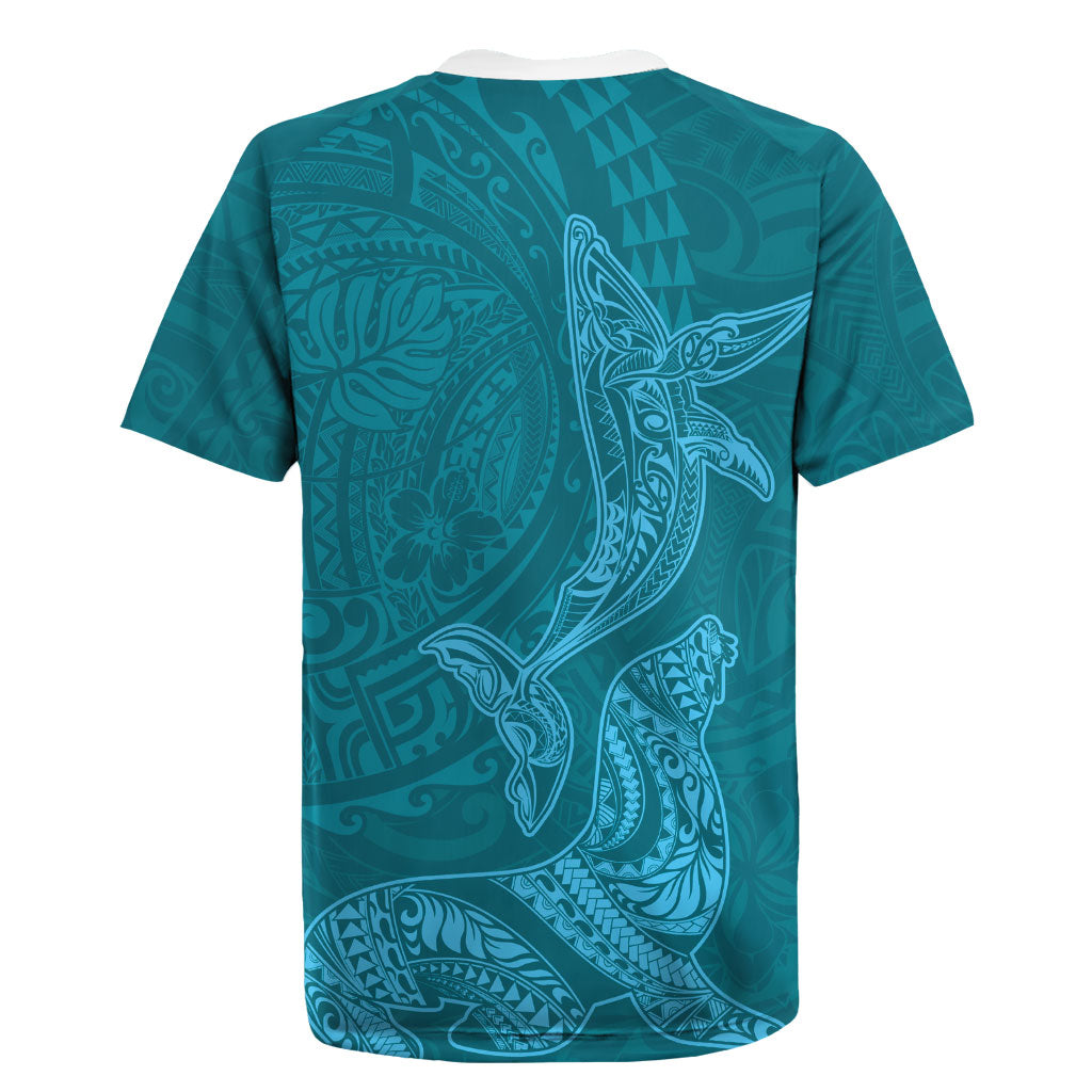 Hawaiian Monk Seal and Whale Rugby Jersey Kakau Tribal Pattern Teal Color