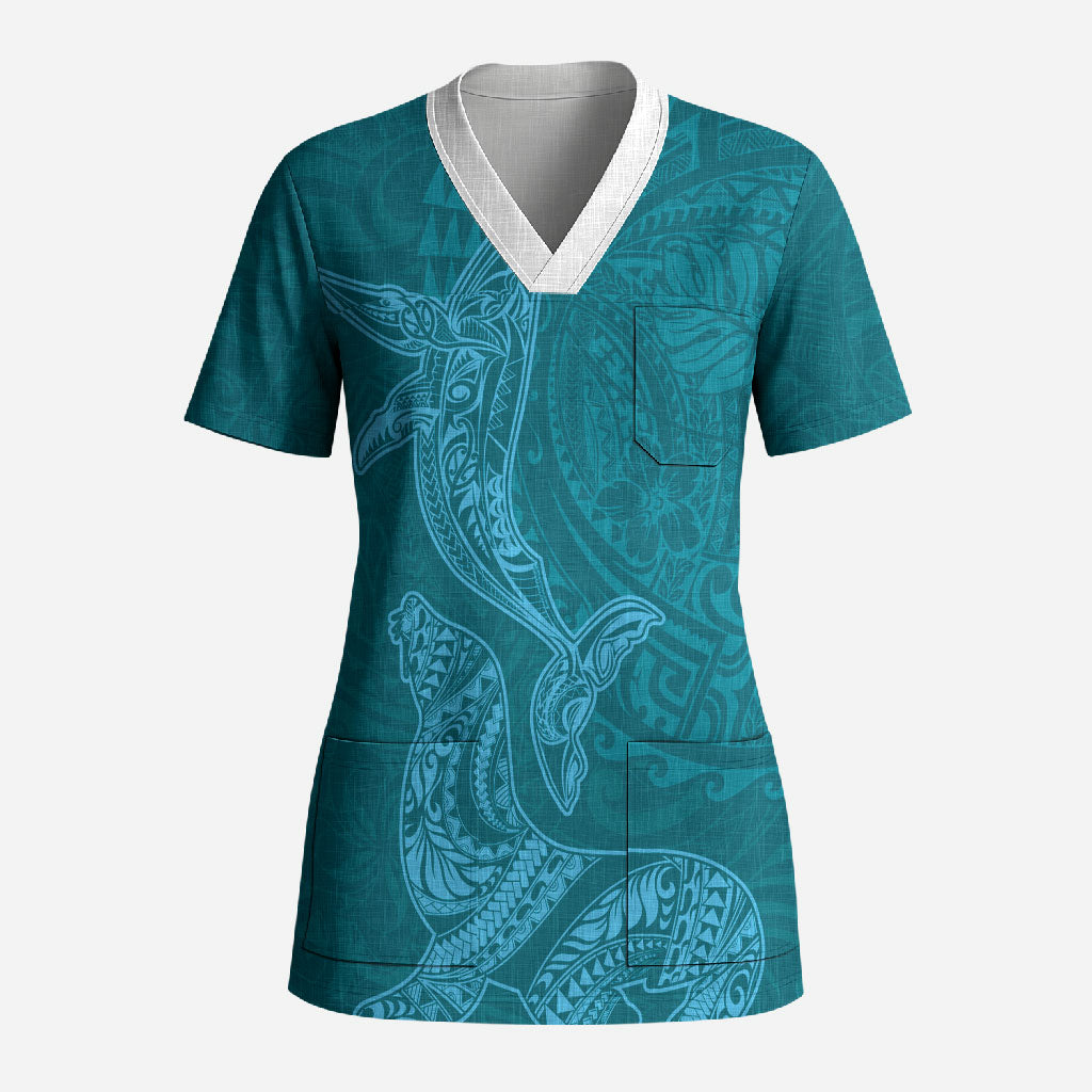 Hawaiian Monk Seal and Whale Scrub Top Kakau Tribal Pattern Teal Color