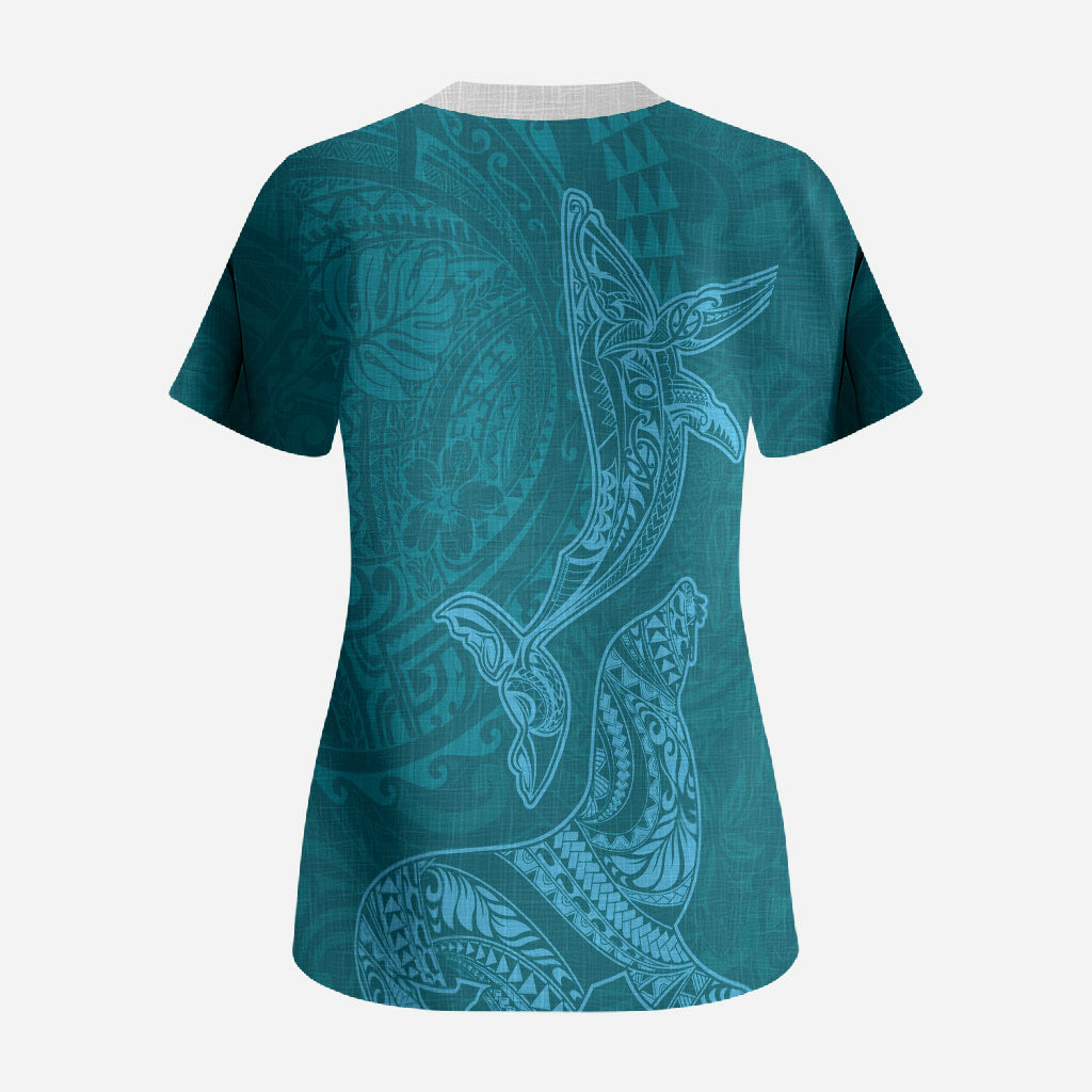 Hawaiian Monk Seal and Whale Scrub Top Kakau Tribal Pattern Teal Color