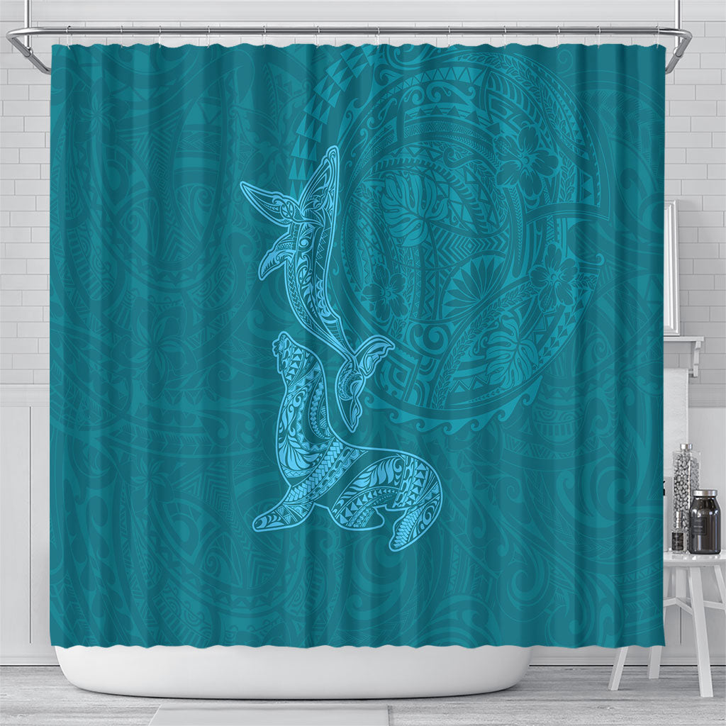 Hawaiian Monk Seal and Whale Shower Curtain Kakau Tribal Pattern Teal Color