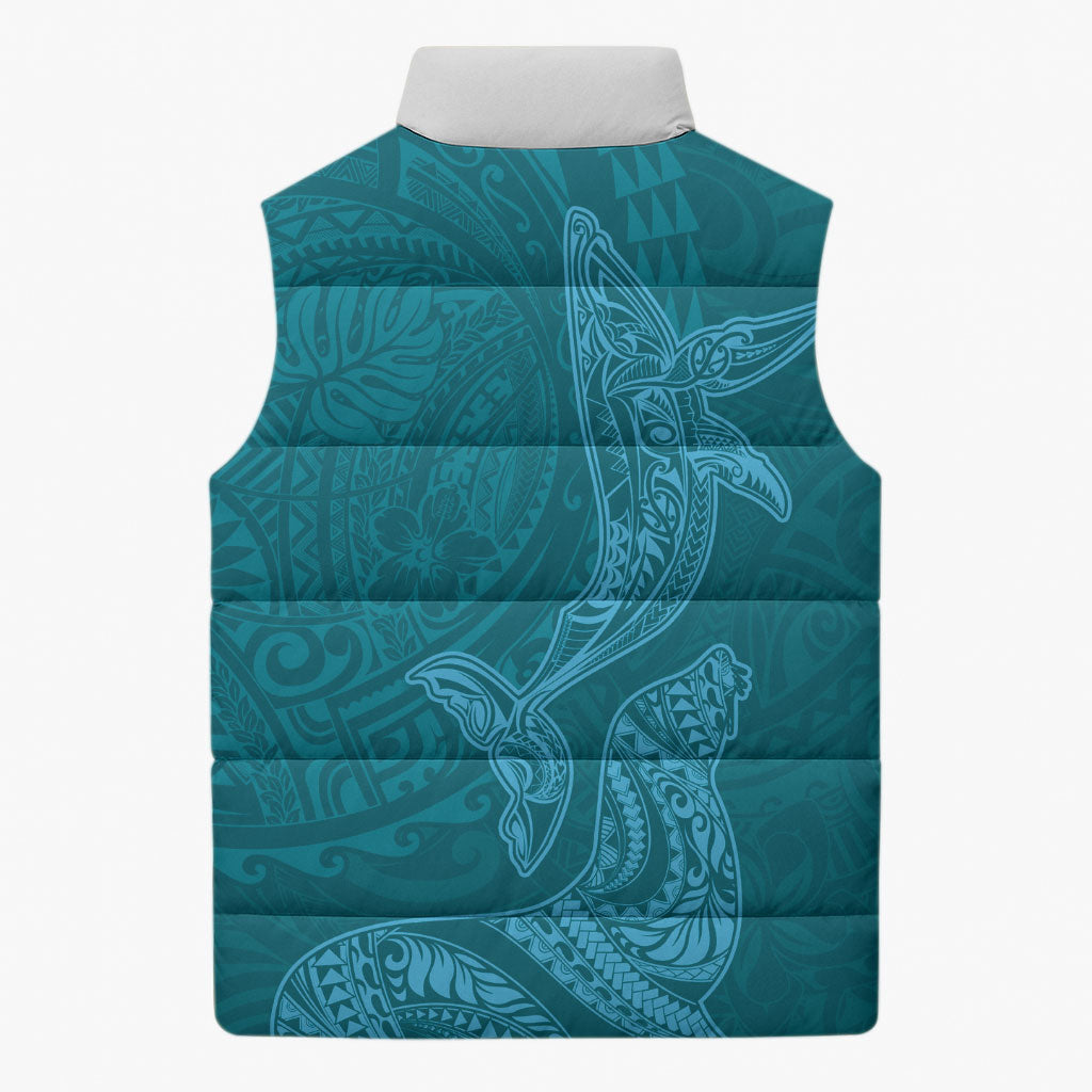 Hawaiian Monk Seal and Whale Sleeveless Puffer Jacket Kakau Tribal Pattern Teal Color